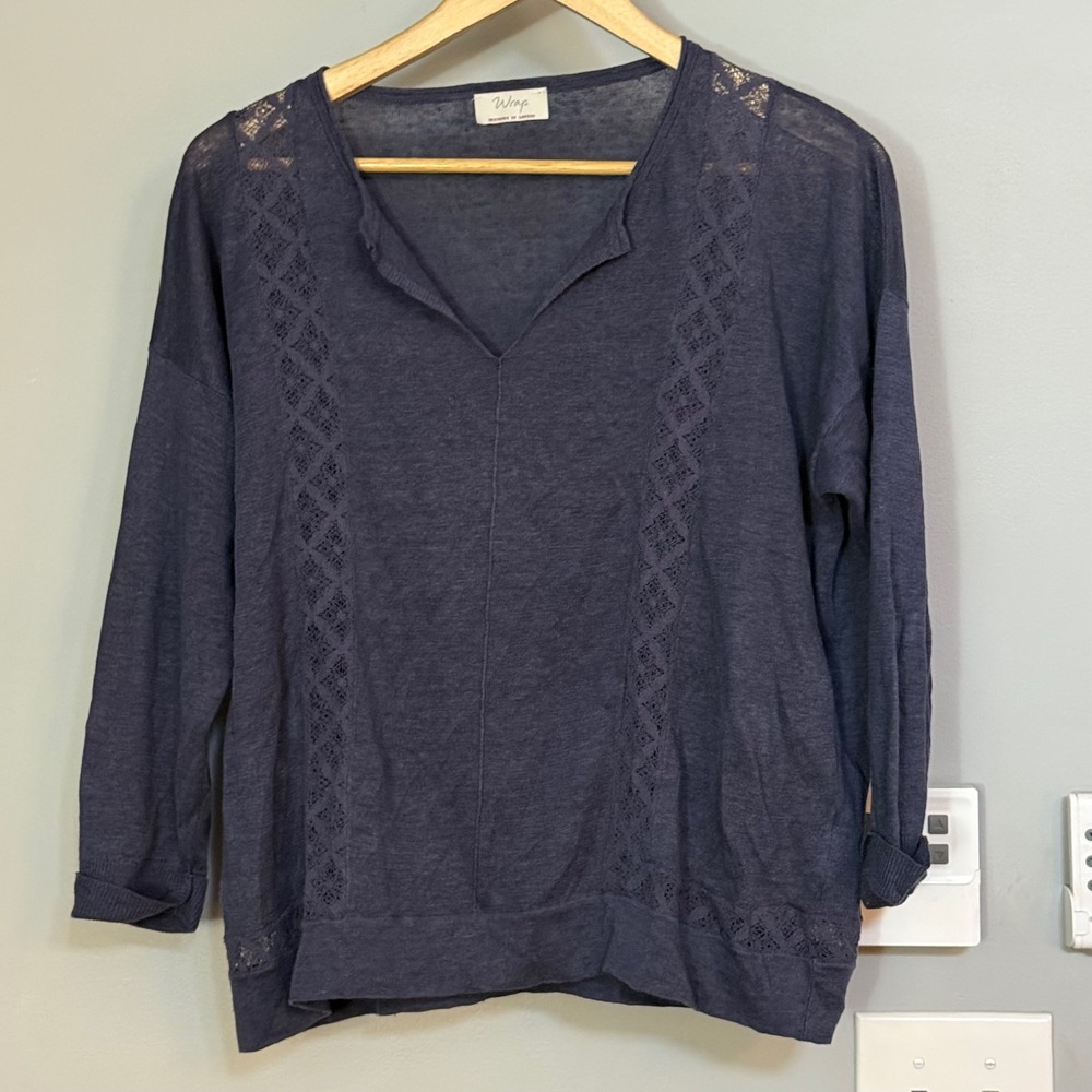 Wrap London Linen Blend V Neck Long Sleeve Lace Trim Top Navy Blue